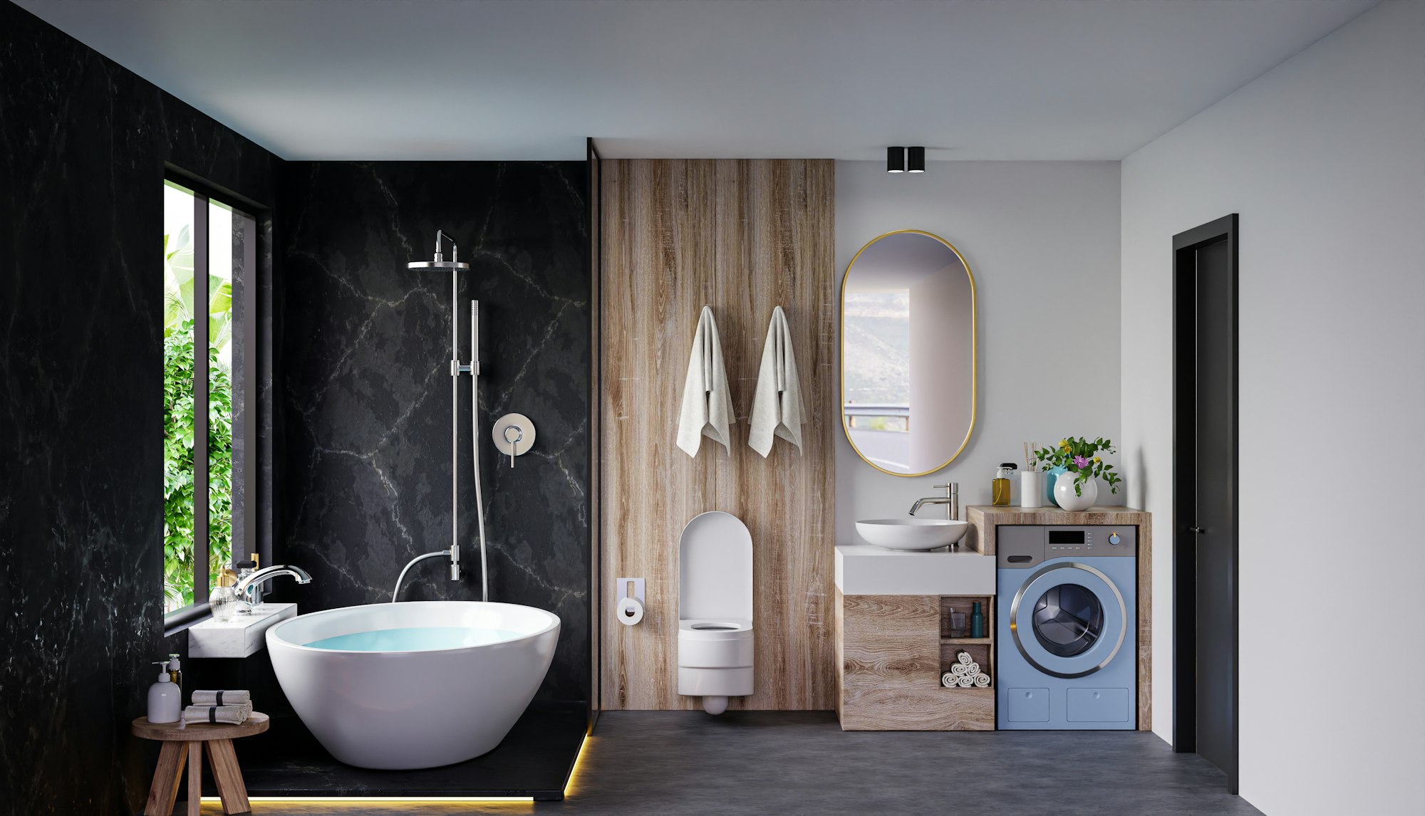 Modern Bathroom interior design on dark color wall.