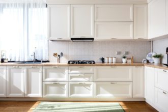 Modern kitchen interior design with white furniture and modern details