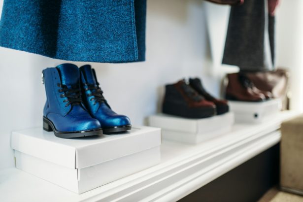 Showcase with stylish female shoes, nobody